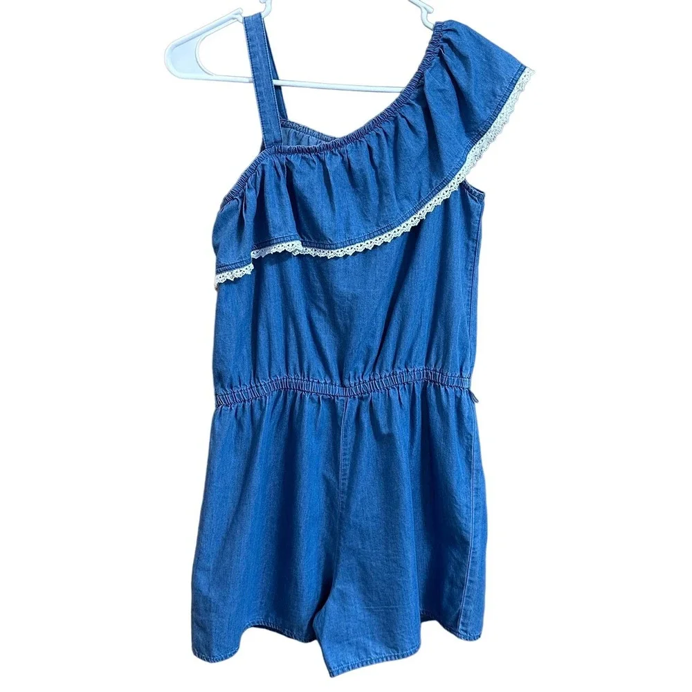 Justice Girls Sz 16 Blue Romper Cold Shoulder Crochet Trim